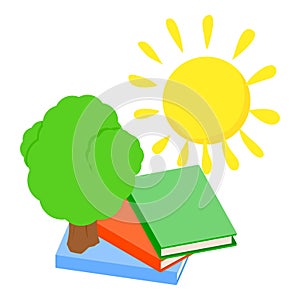 Forest conservation icon isometric vector. Green tree under sun and book stack