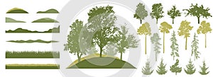 Forest, constructor kit. Silhouettes of beautiful birch, fir trees, poplar ,grass, hill. Collection of element for create