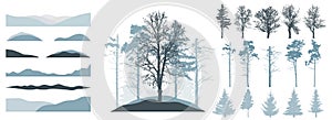 Forest, constructor kit. Silhouettes of beautiful spruce trees, pine, bare trees, snow hill. Collection of element for create