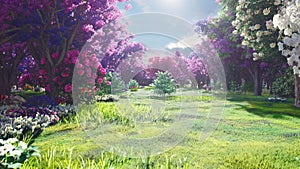 Forest crowns of fairy trees with bright sunlight, flying dandelions and butterflies. Magic forest at sunrise. 3D