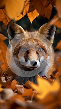 Forest curiosity Red fox peeks from autumn leaves, shallow depth