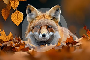 Forest curiosity Red fox peeks from autumn leaves, shallow depth