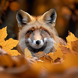 Forest curiosity Red fox peeks from autumn leaves, shallow depth