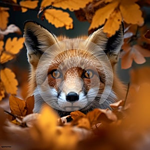 Forest curiosity Red fox peeks from autumn leaves, shallow depth