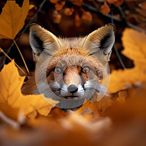 Forest curiosity Red fox peeks from autumn leaves, shallow depth