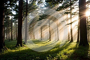 A forest at dawn with the sunlight shining through the trees