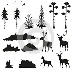 Forest and deer black silhouette vector set