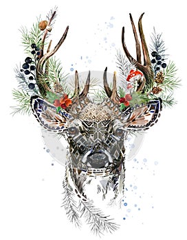 Forest deer watercolor illustration. Christmas reindeer. Winter greeting card design.