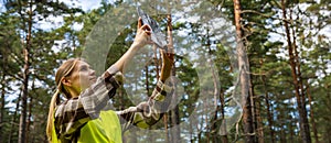 forest development and management. valuation and appraisal of forest. appraiser taking pictures of trees, biomass estimation photo