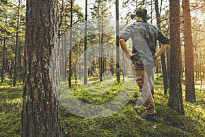 Forest development and sustainable forestry. ranger monitoring the woodland ecosystem