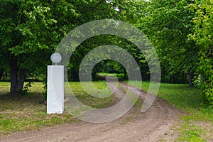 Forest dirt road and white pole