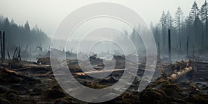 Forest disaster with logs and stumps covering the landscape. Air Pollution, Earth Day