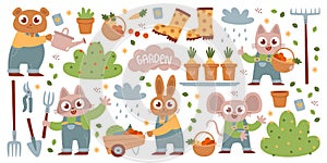 Forest and domestic animals gardeners characters caring plants, harvesting set vector illustration