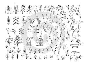 Forest doodle elements. Hand drawn cute illustrations.