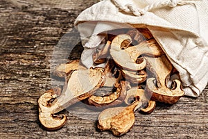 Forest dried edible mushrooms in a linen sack