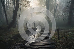 forest with duckboards path surrounded by mist