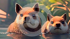 Forest Encounter: Closeup Illustration of a Capybara couple Amidst Nature\'s Serenity