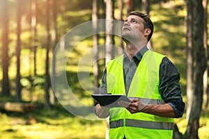 Forest evaluation and management - forestry engineer working with digital tablet