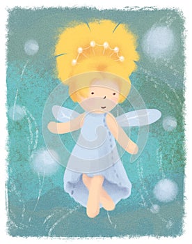 Forest fairy greeting card on green backdrop. Little goldilocks princess magic banner poster. Children fairytale print