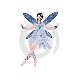 Forest Fairy or Nymph with Wings, Beautiful Brunette Girl in Blue Dress Vector Illustration