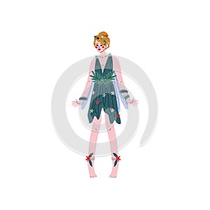 Forest Fairy or Nymph with Wings, Beautiful Girl in Green Dress Vector Illustration