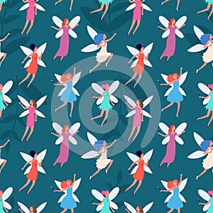 Forest fairy pattern. Kids print, cute tale flying princess background. Magic happy girls with wings vector seamless