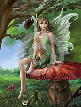 Forest fairy resting on a mushroom photo