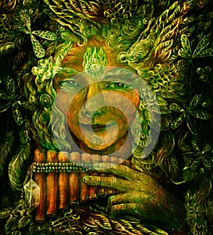 Forest fairy shaman with panflute and crystal, detailed colorful illustration