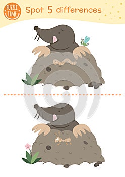 Forest find differences game for children. Preschool activity with mole. Puzzle with cute garden animal. Woodland printable