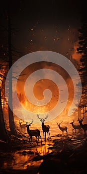 Forest fire, animals against the backdrop of a burning forest. Generative AI