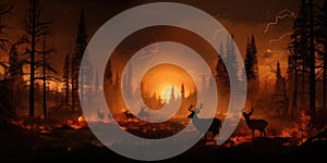 Forest fire, animals against the backdrop of a burning forest. Generative AI
