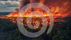 Forest fire from a bird\'s eye view. Fire and black smoke in the garrigue.