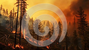 The forest fire burned many hectares of pine trees. Created with Generative Ai technology