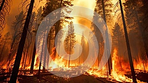 The forest fire burned many hectares of pine trees. Created with Generative Ai technology