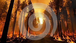 The forest fire burned many hectares of pine trees. Created with Generative Ai technology