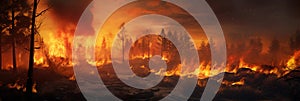 Forest fire, burning dry grass and trees in the foreground