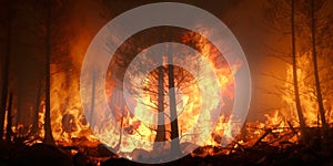 Forest fire with burning trees, flames, blaze, smoke. Generative Ai