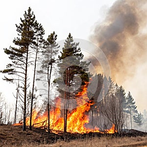 Forest fire burning trees isolated on white background