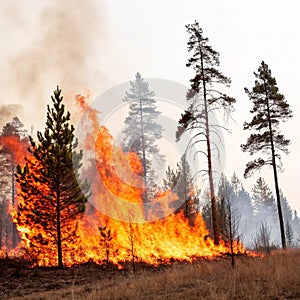 Forest fire burning trees isolated on white background