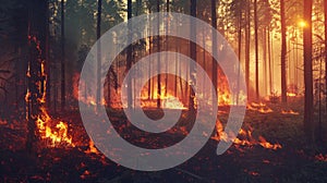 Forest fire burns through the forest floor