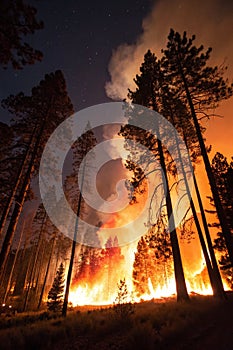 Forest fire in dark night