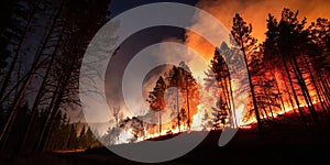 Forest fire in dark night