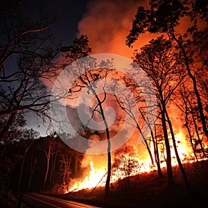 Forest fire in dark night