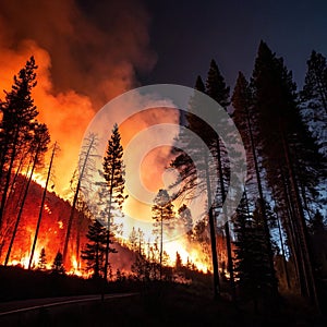 Forest fire in dark night