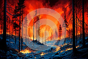 Forest fire disaster, trees burning at night. Wildfire nature destruction