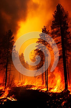 Forest fire disaster, trees burning at night. Wildfire nature destruction