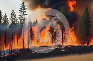 A forest fire, due to the intense heat, forests burn and collapse quickly, a silhouette, a natural disaster.