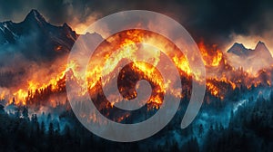 Forest fire engulfs mountain range with intense flames and smoke. ai generative