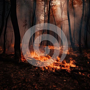 Forest fire. fallen tree is burned to the ground a lot of smoke when vildfire. generative ai