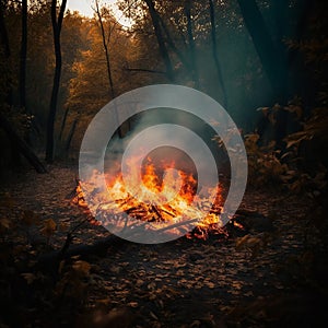 Forest fire. fallen tree is burned to the ground a lot of smoke when vildfire. generative ai
